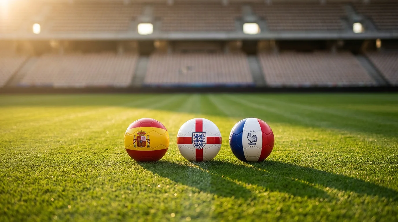 Drei Fußbälle in den Nationalfarben Spaniens, Englands und Frankreichs auf Stadionrasen