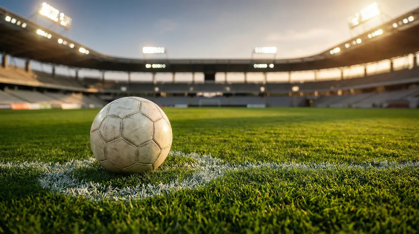 Fußball auf dem Elfmeterpunkt eines leeren Stadions im Abendlicht
