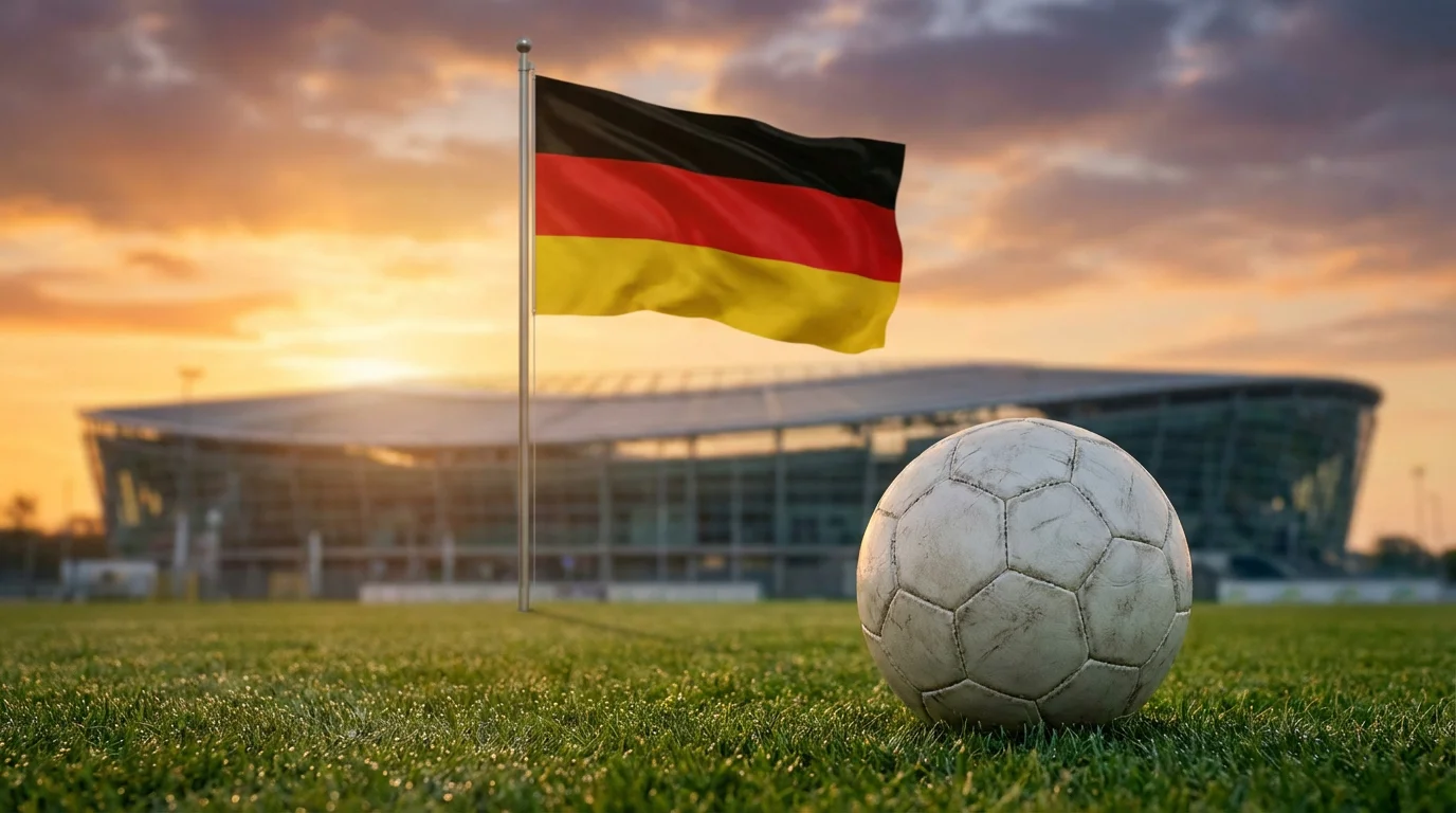 Fußball mit deutscher Flagge im Hintergrund vor einem Stadion bei Sonnenuntergang